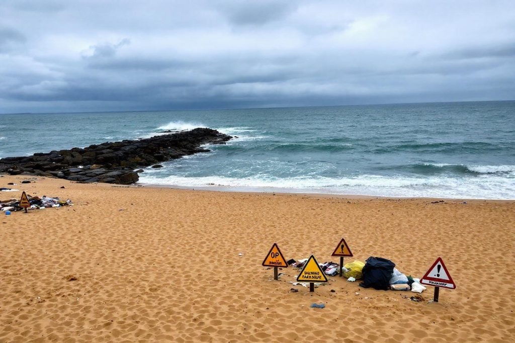 Déchets sur sable avec panneaux, rochers et océan en fond