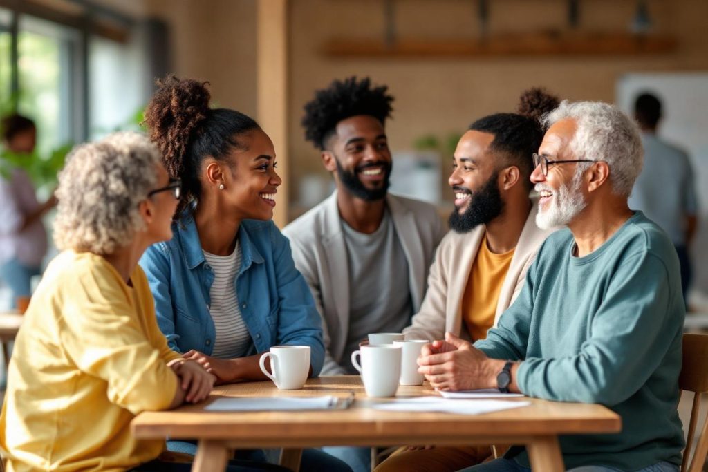 Groupe diversifié souriant autour d'une table avec des tasses