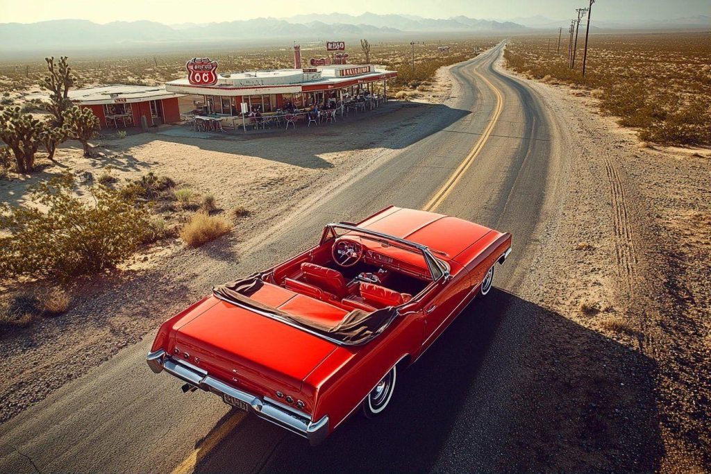 Voiture décapotable vintage rouge sur route désertique près d'un café