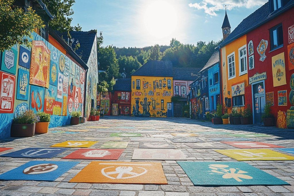 Ruelle pavée aux bâtiments décorés de fresques multicolores