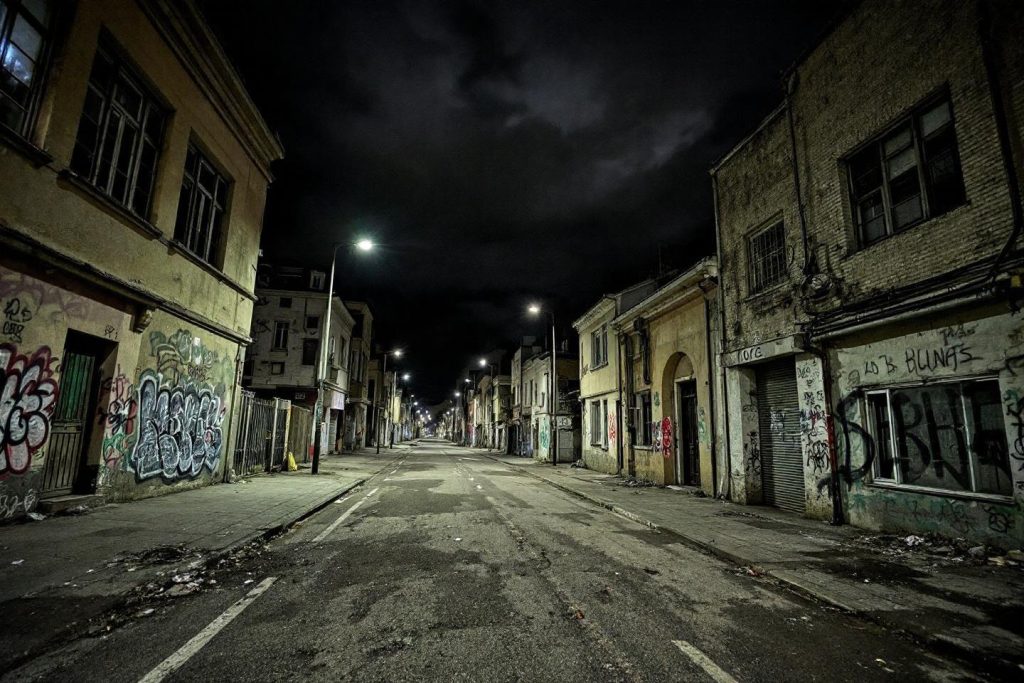 Rue urbaine sombre et vide, éclairée par des lampadaires