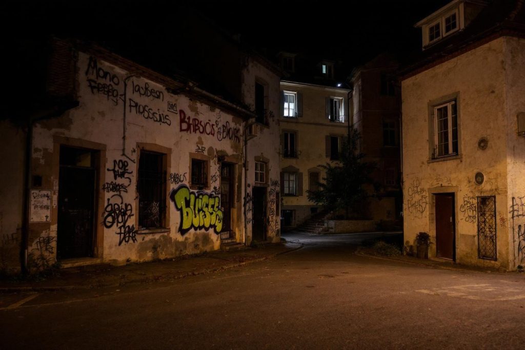 Bâtiments délabrés avec graffitis dans une ruelle sombre