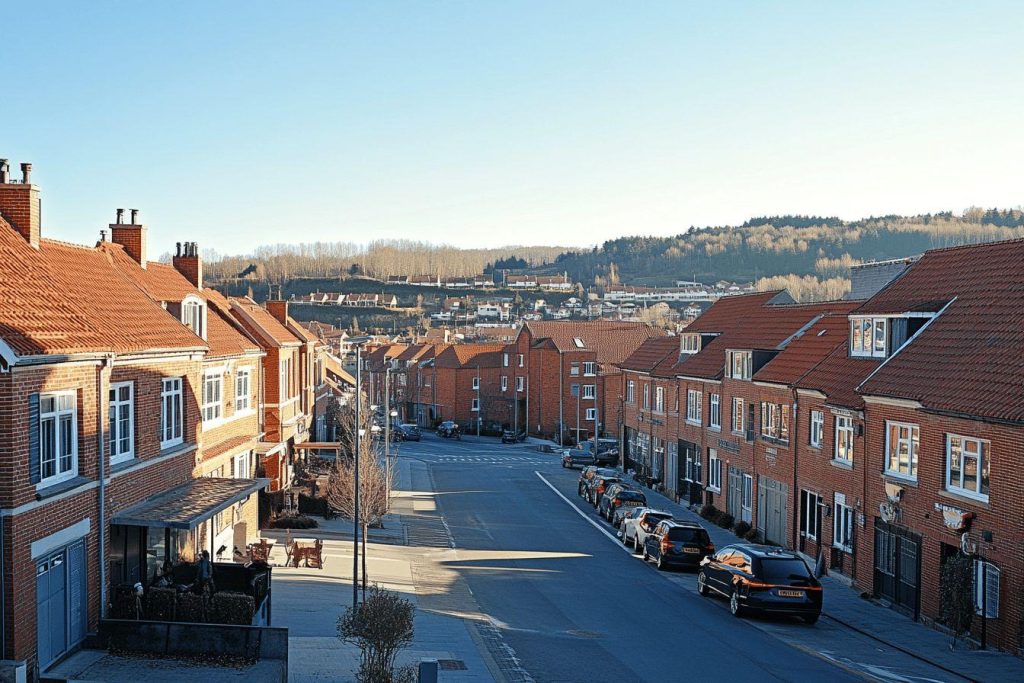 Rue paisible avec maisons en briques et voitures garées