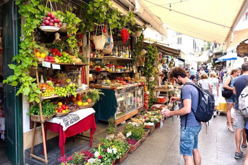 Étal de marché aux fruits frais et fleurs, ambiance animée