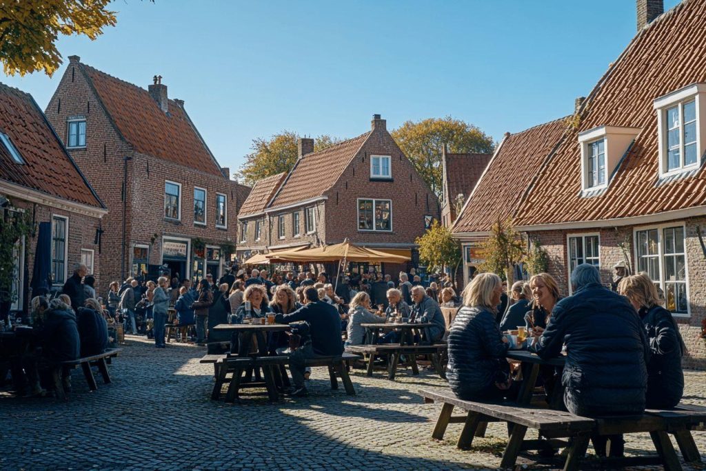 Place pavée avec personnes attablées devant maisons traditionnelles