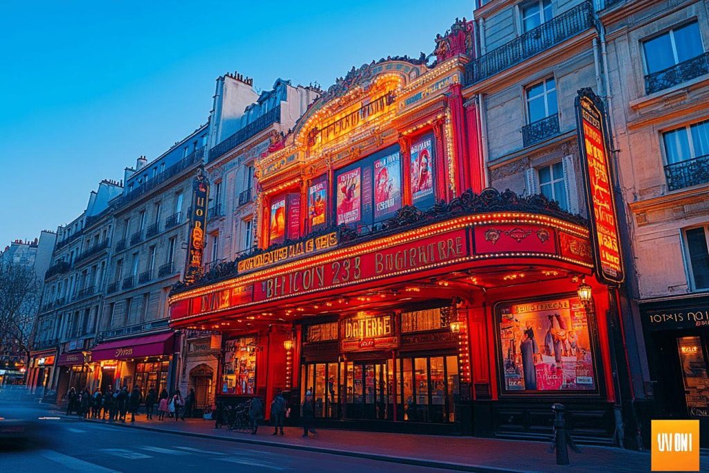 Façade rouge vif d'un théâtre parisien aux lumières éclatantes