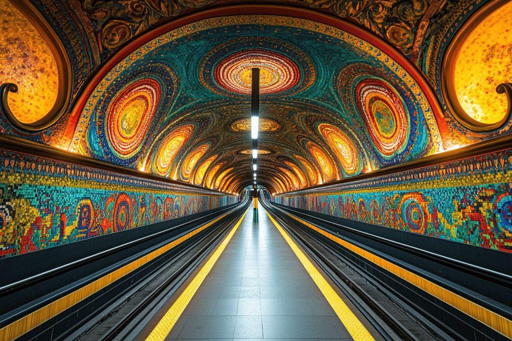 Tunnel de métro aux couleurs vibrantes et mosaïques géométriques