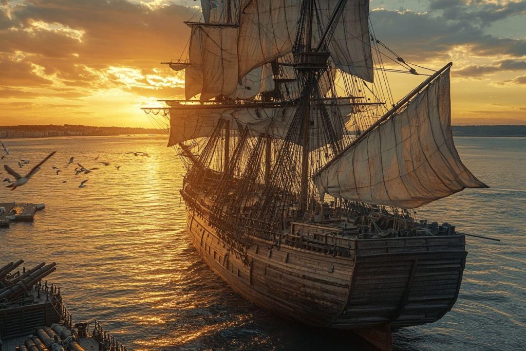 Grand voilier ancien sur mer dorée par soleil couchant