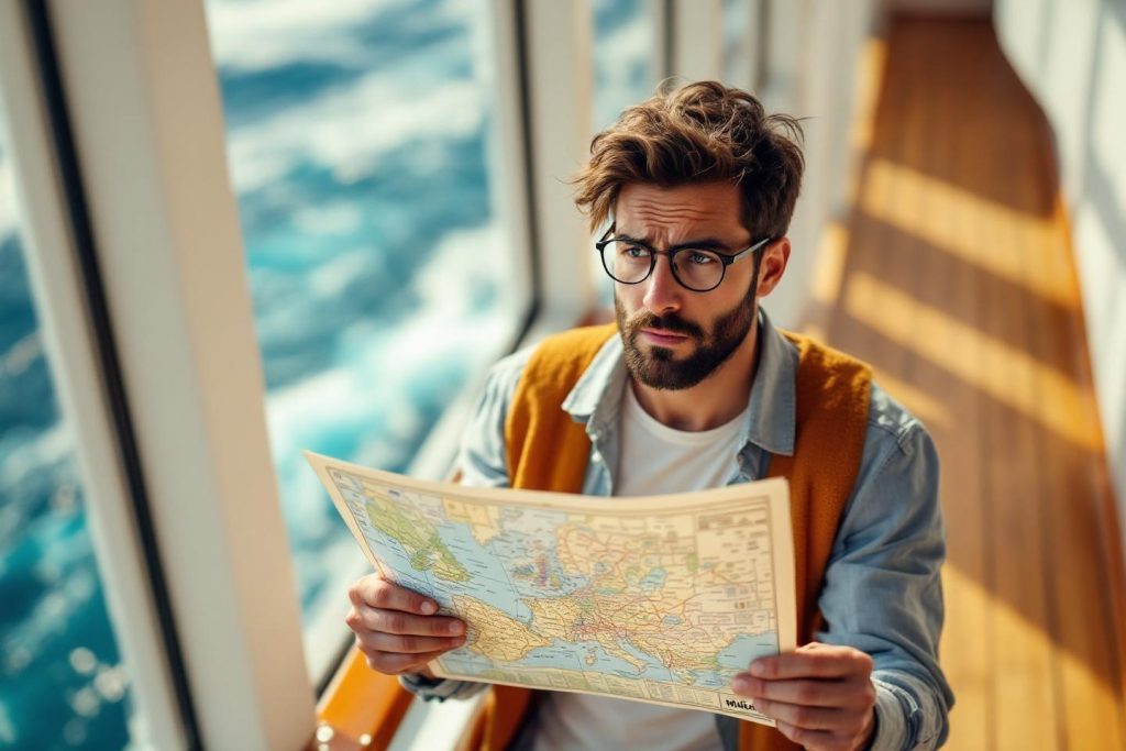 Homme à lunettes examinant une carte avec une expression confuse