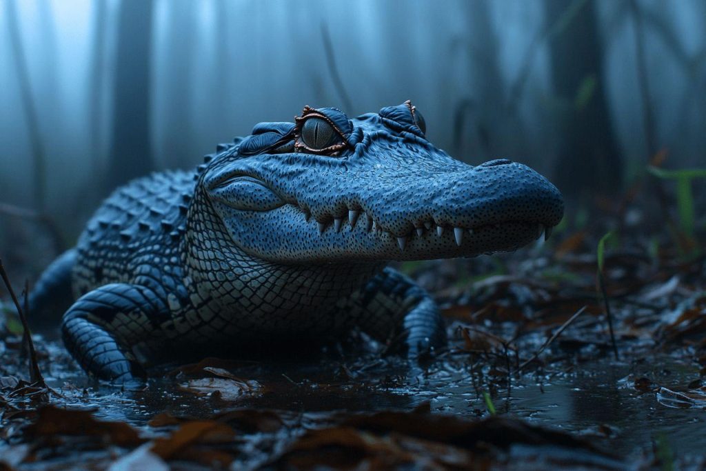 Gros plan d'un alligator bleu dans un marais brumeux