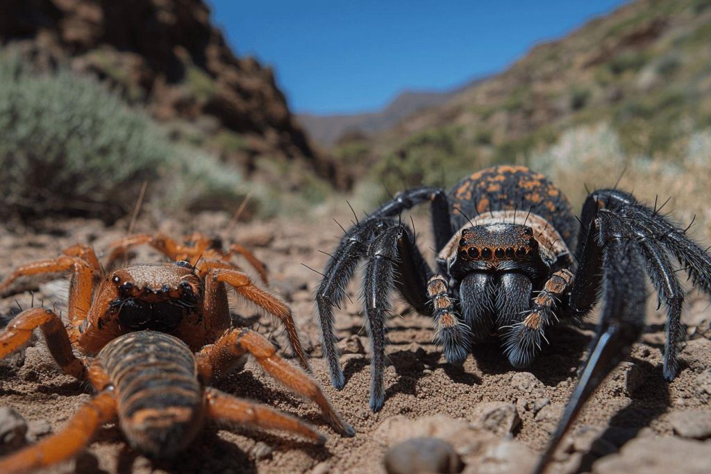 Gros plan sur des araignées orangées et noires dans un paysage rocailleux