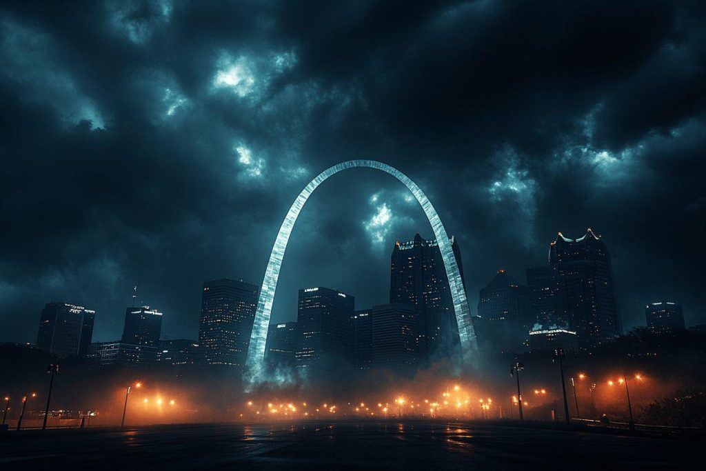 Arche lumineuse surplombant une ville brumeuse la nuit