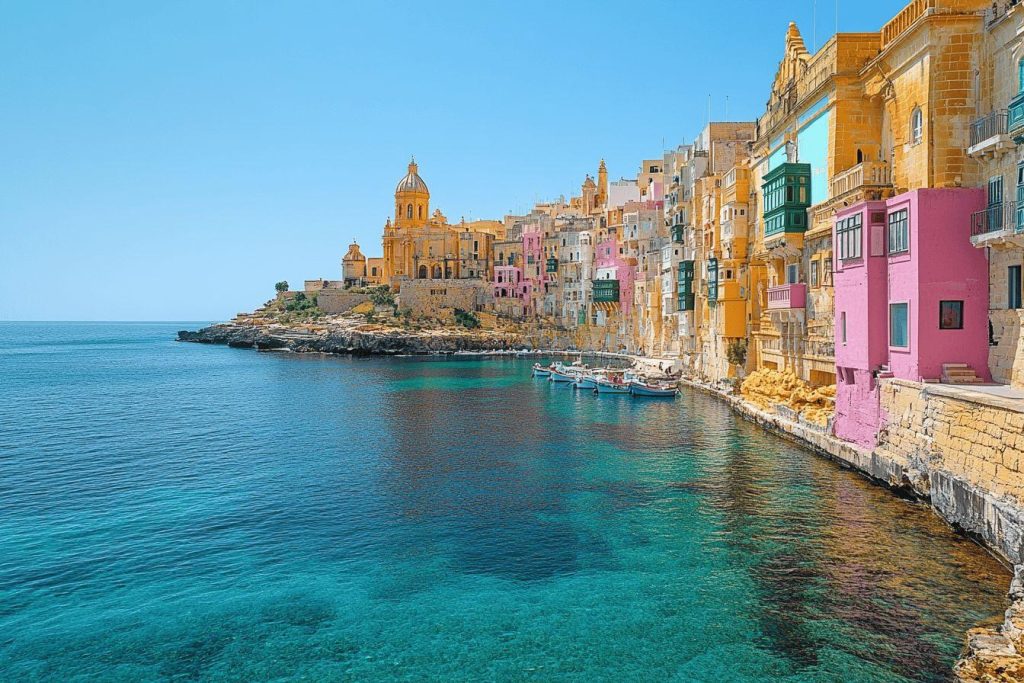 Vue pittoresque sur la mer et les bâtiments colorés de Malte