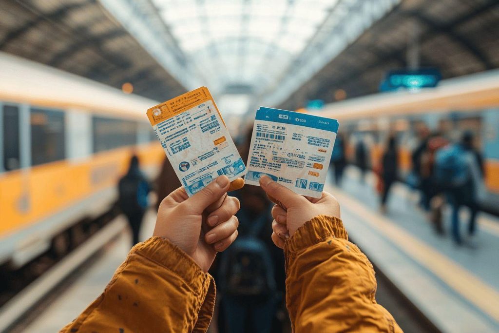 Deux billets tenus devant un quai de métro