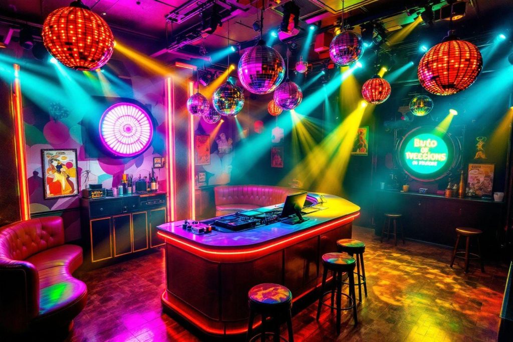 Intérieur de club de nuit avec boules disco et lumières colorées