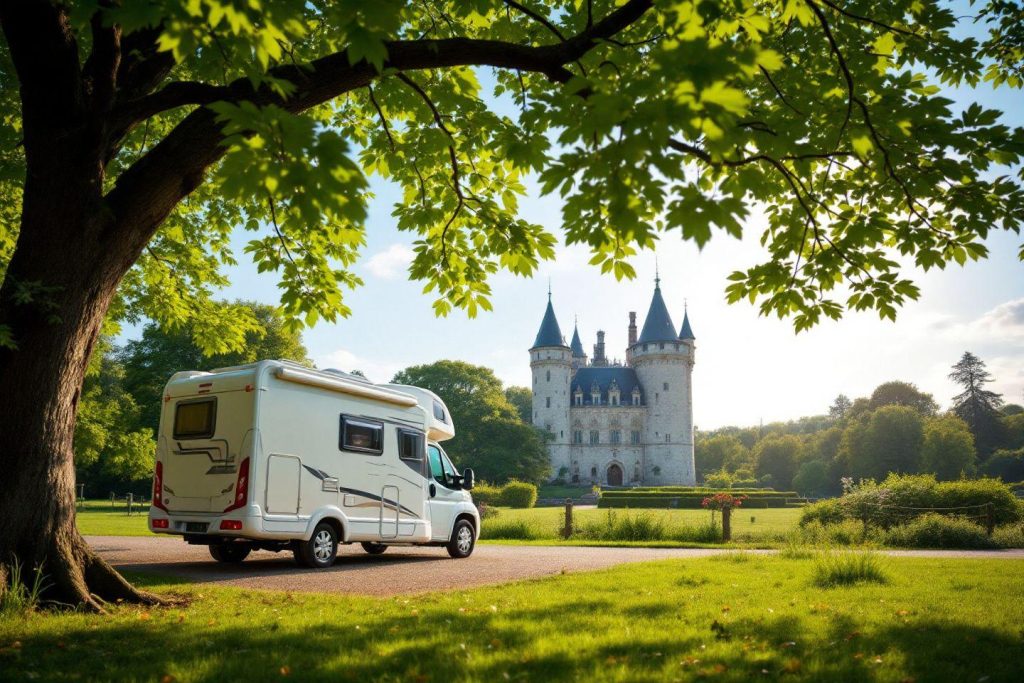 Camping-car blanc stationné devant un château à tourelles verdoyant
