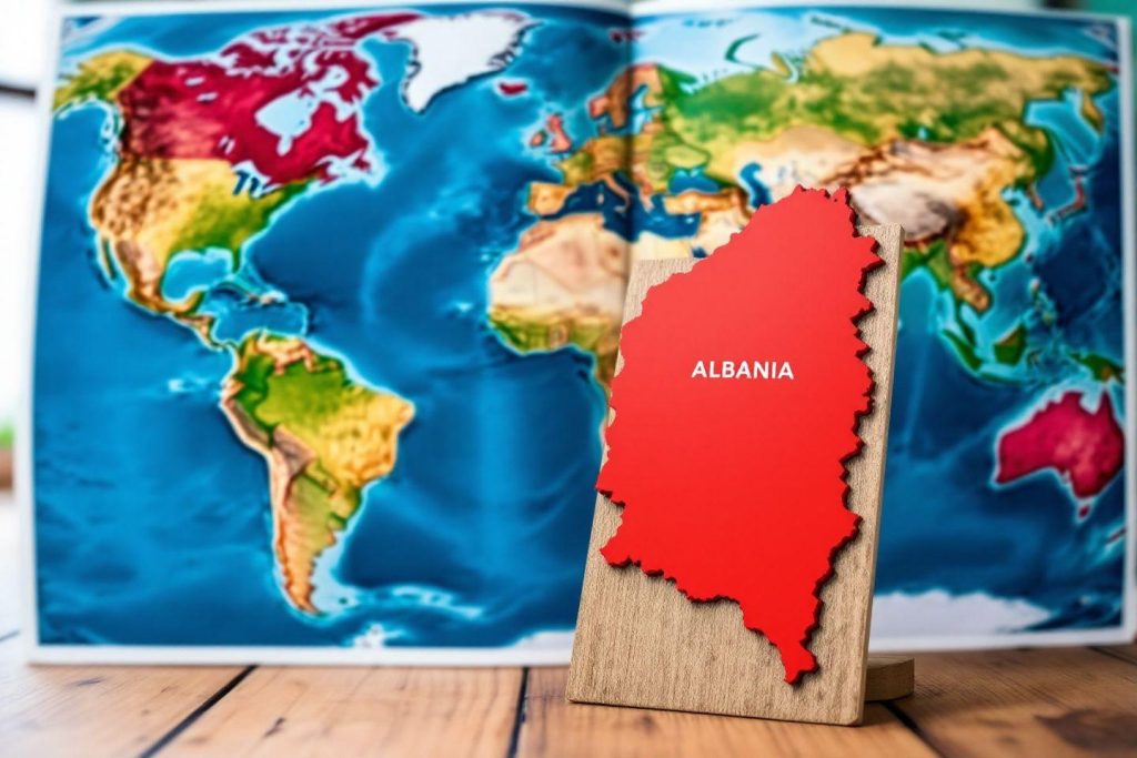Carte en relief rouge de l'Albanie devant une mappemonde