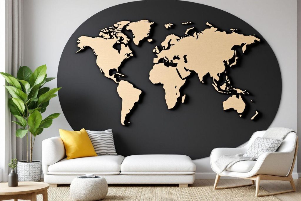 Carte du monde beige sur fond noir dans un salon élégant