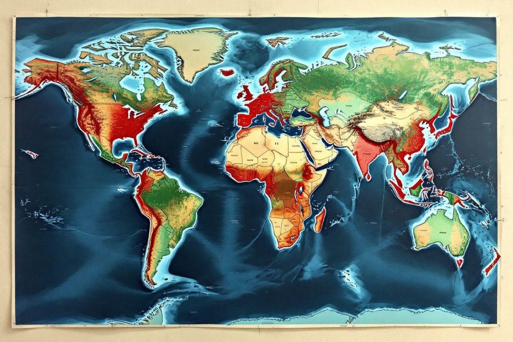 Carte du monde montrant les différences de relief et d'altitude