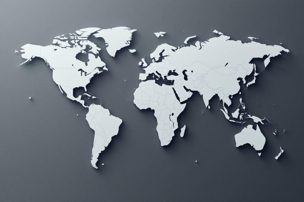 Carte du monde blanche en perspective, ombres et reliefs
