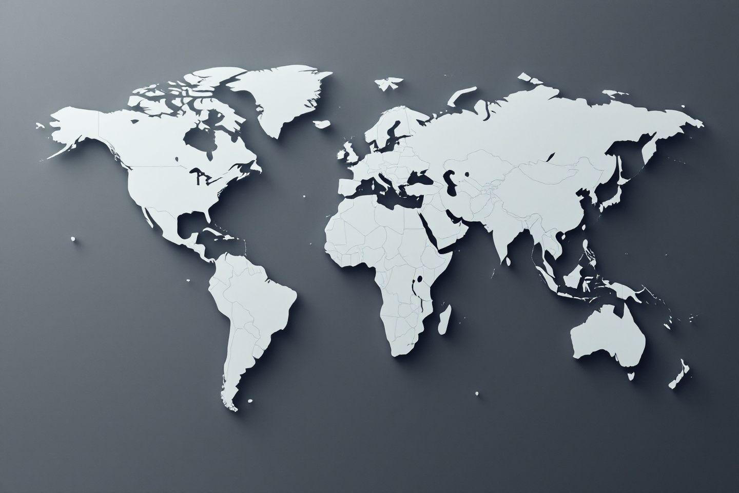 Carte du monde blanche en perspective, ombres et reliefs