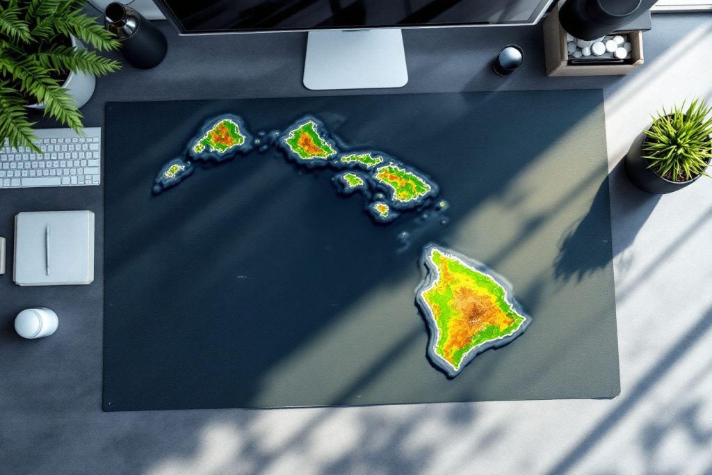 Carte colorée des îles Hawaïennes sur un bureau gris