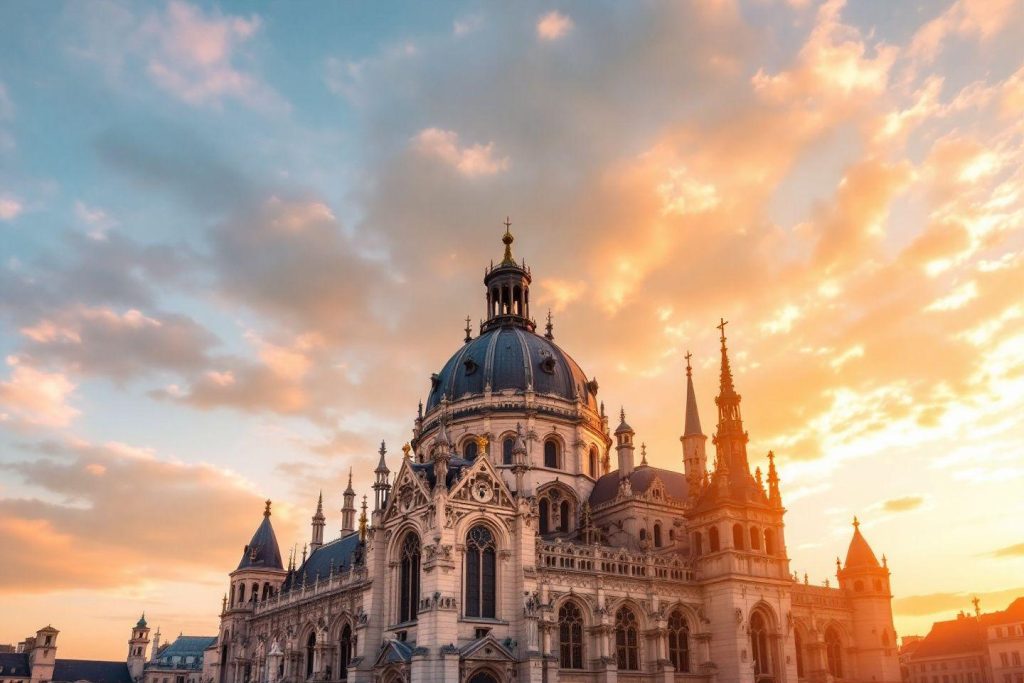 Édifice religieux baroque illuminé par un coucher de soleil doré