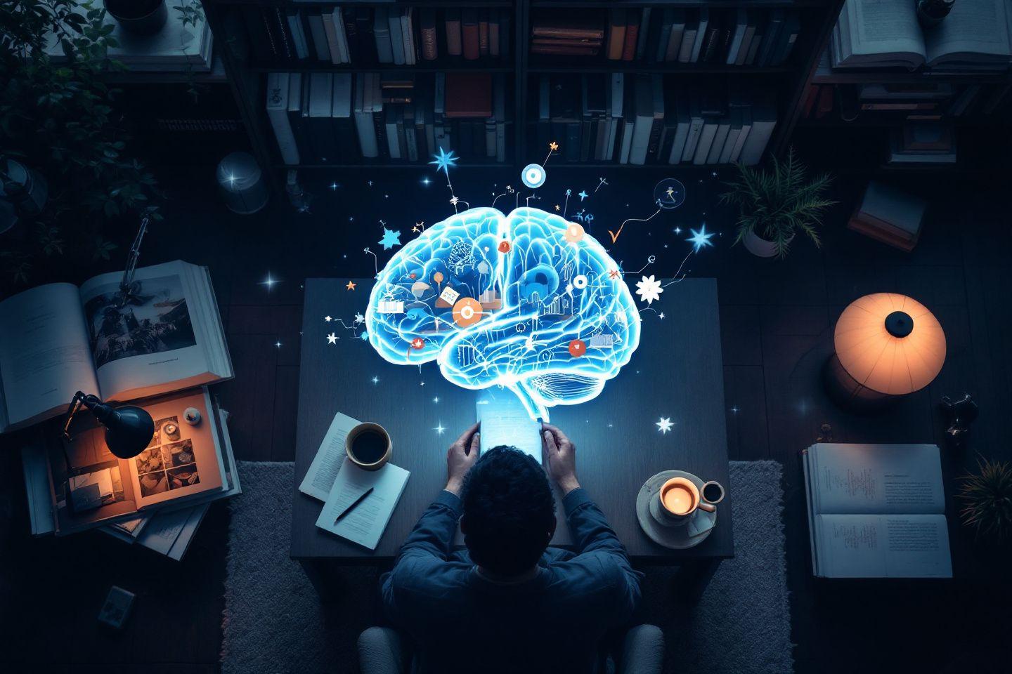 Cerveau lumineux flottant au-dessus d'un bureau avec livres