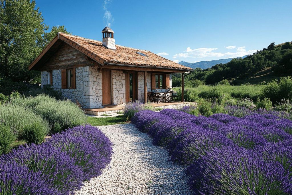 Petit chalet rustique entouré de champs de lavande violette