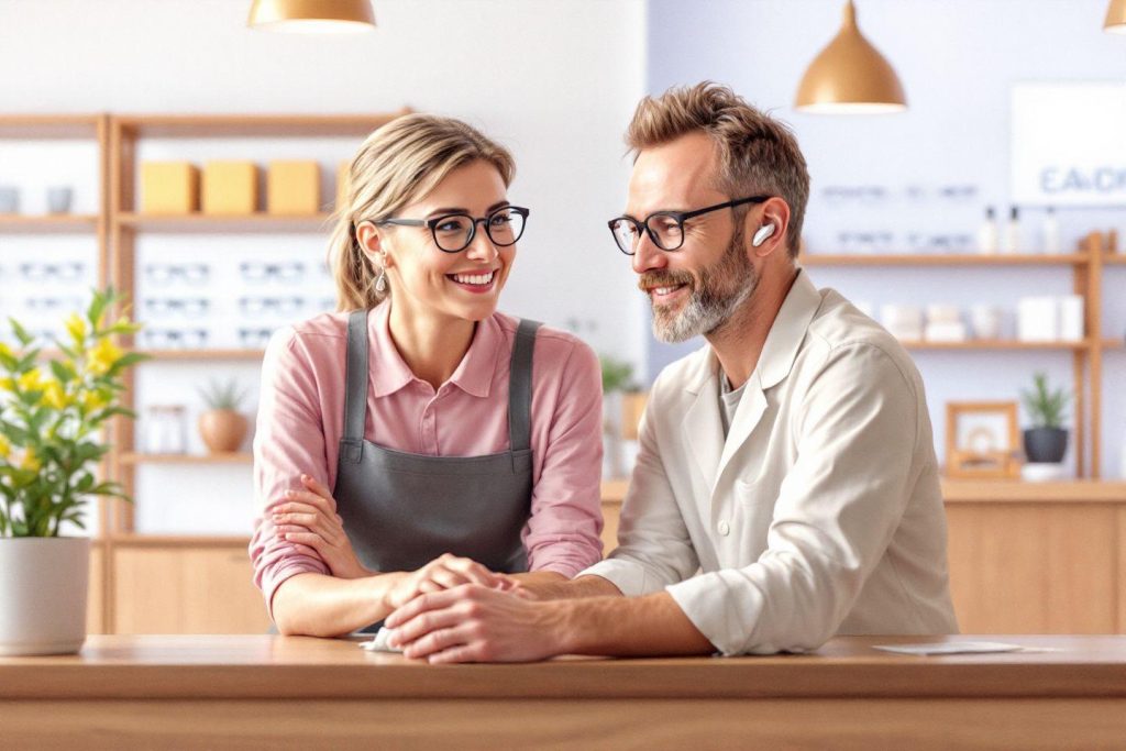Deux personnes heureuses au travail dans un café lumineux