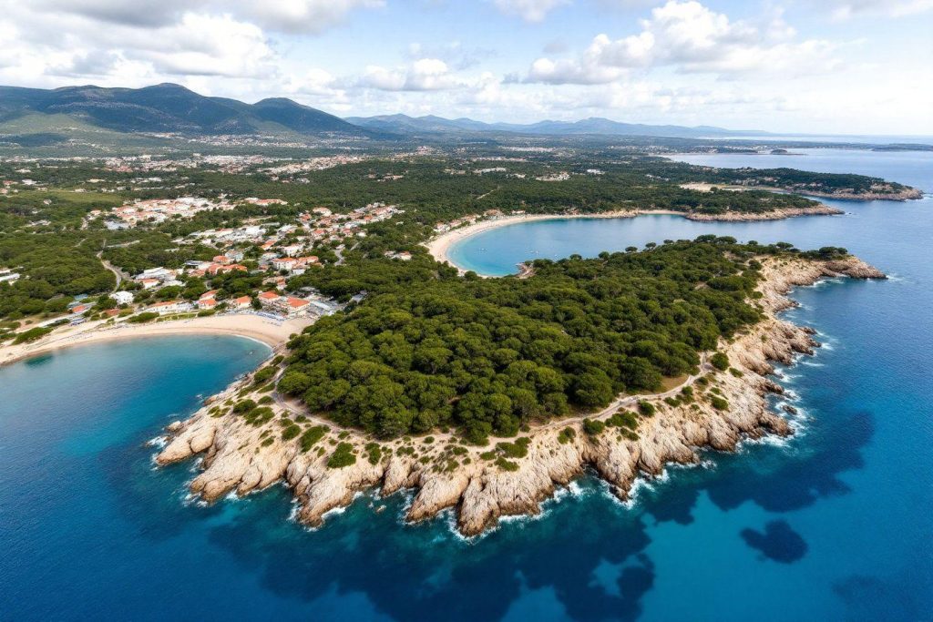 Vue aérienne d'une presqu'île boisée aux falaises escarpées