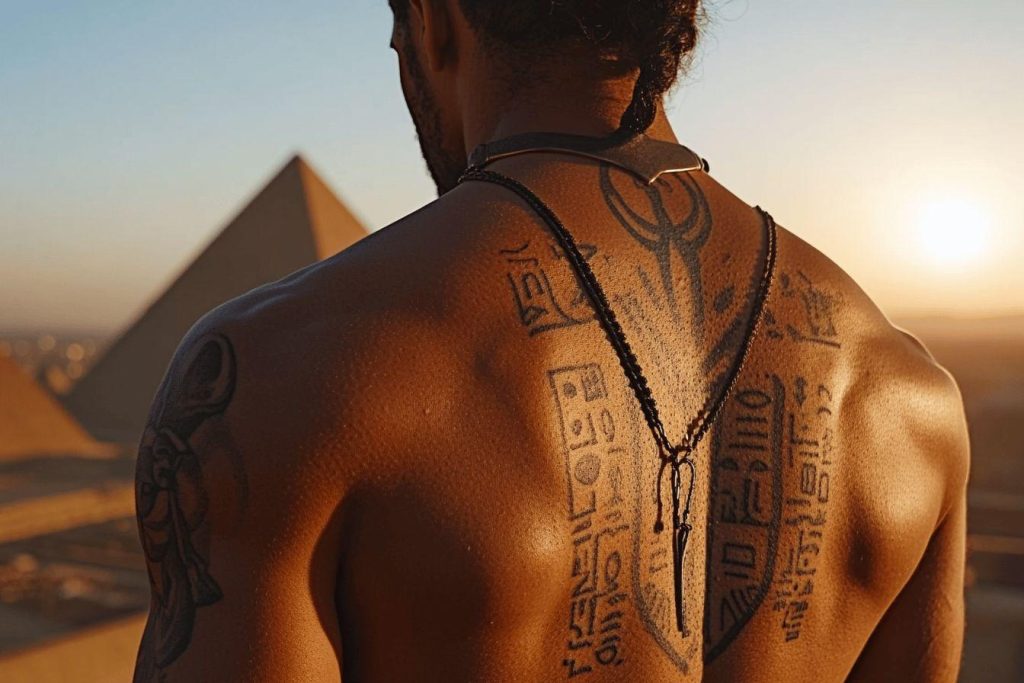 Dos musclé avec tatouages hiéroglyphes face aux pyramides de Gizeh