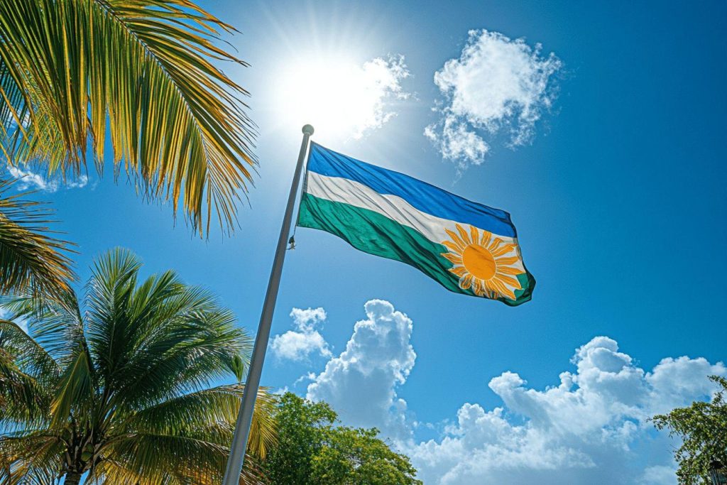 Drapeau bleu-blanc-vert flottant près de palmiers