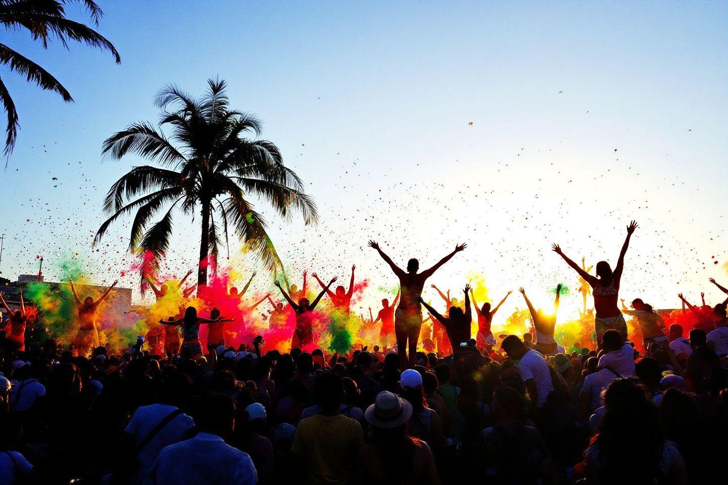 Foule en liesse sous des palmiers lors d'un festival coloré
