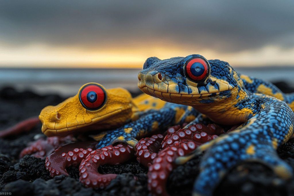 Deux geckos colorés avec de grands yeux rouges sur lave volcanique