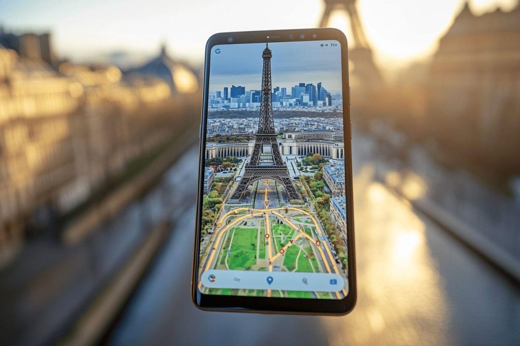 Smartphone montrant la Tour Eiffel sur Google Maps avec Paris en arrière-plan