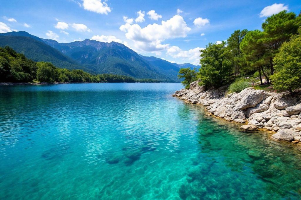 Lac turquoise entouré de montagnes et de forêts verdoyantes