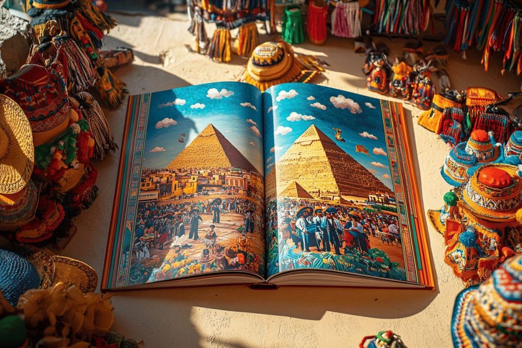 Livre ouvert montrant des pyramides entourées d'objets colorés