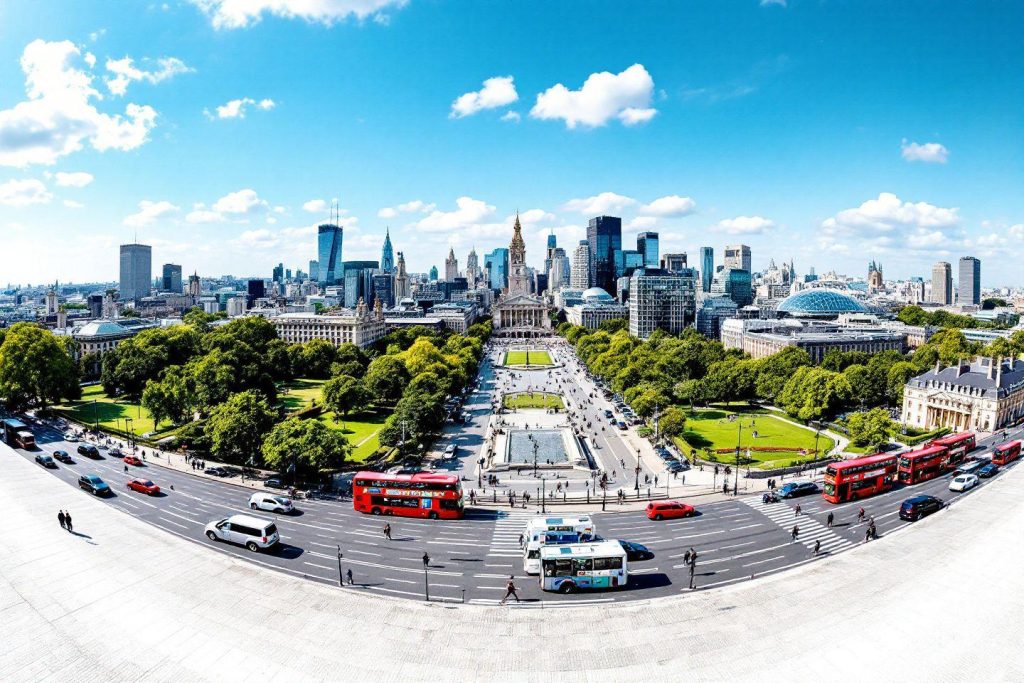 Paysage urbain de Londres avec parc, gratte-ciels et circulation