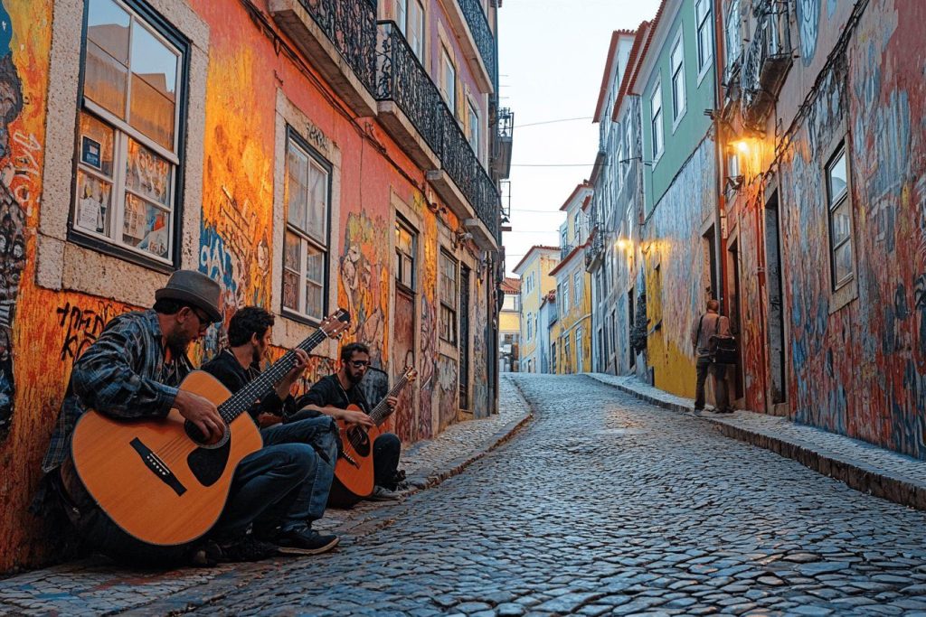Guitaristes assis dans une ruelle pavée aux murs colorés