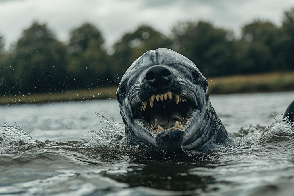 Tête de phoque montrant ses dents dans l'eau