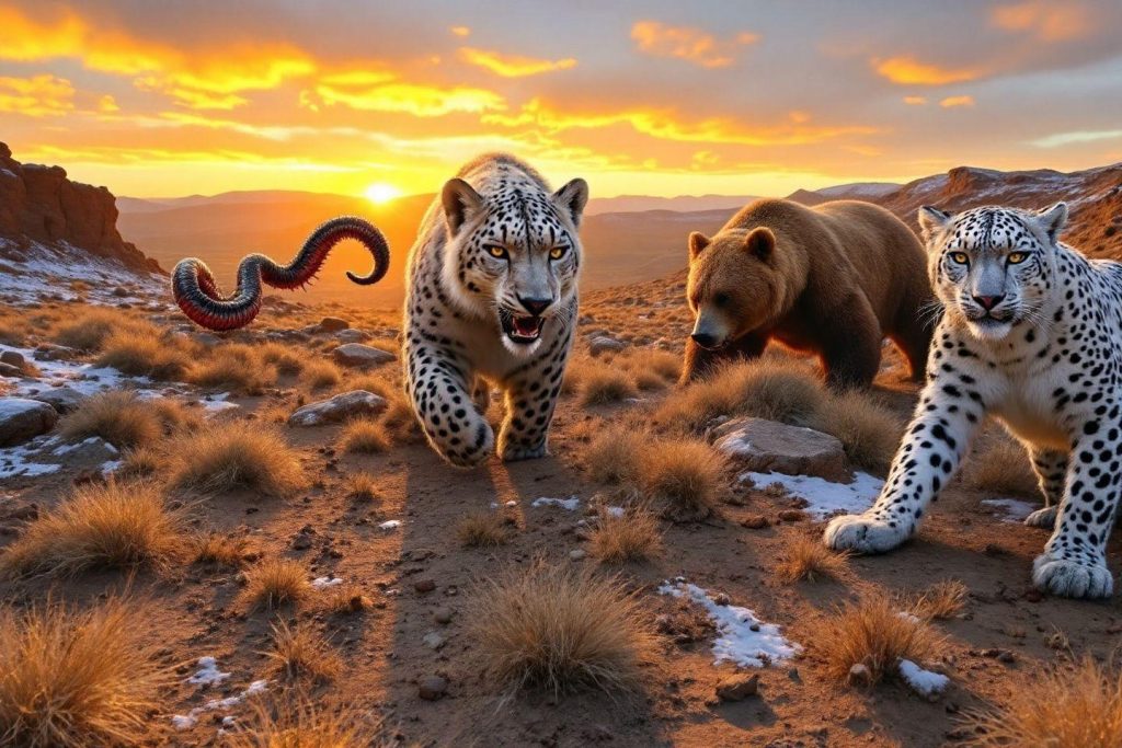 Léopards et ours face au coucher de soleil montagneux