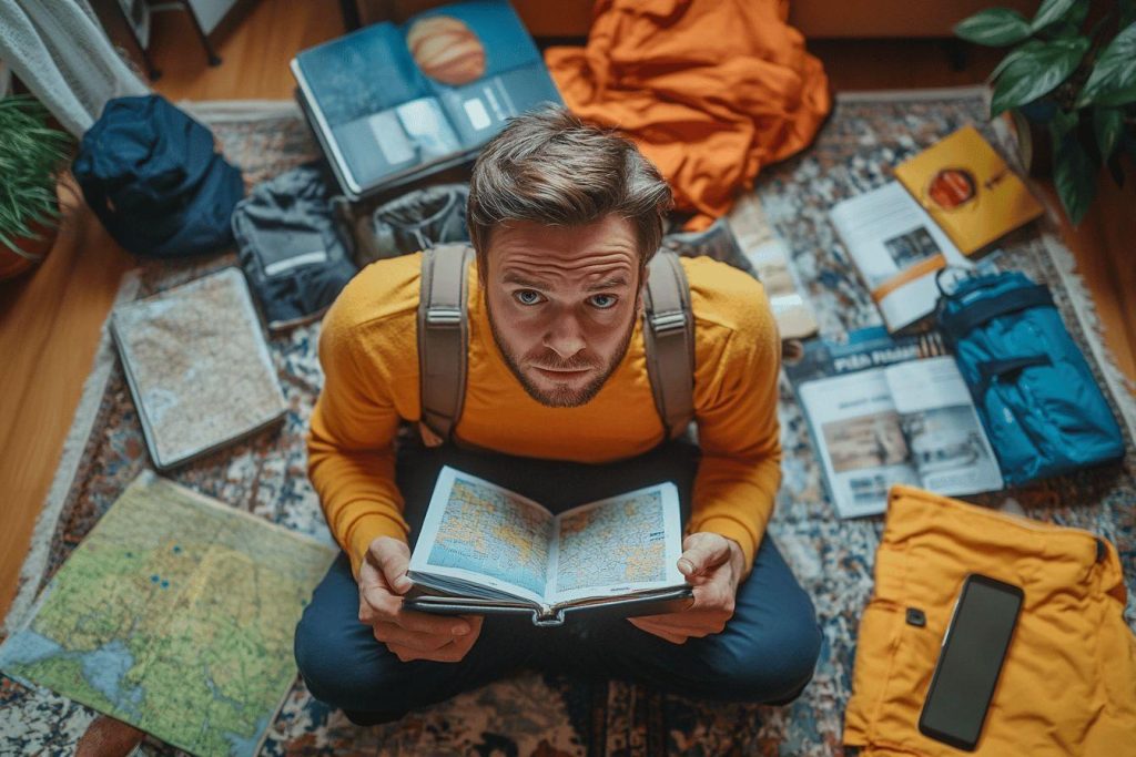 Voyageur entouré de cartes et de bagages, consultant un atlas