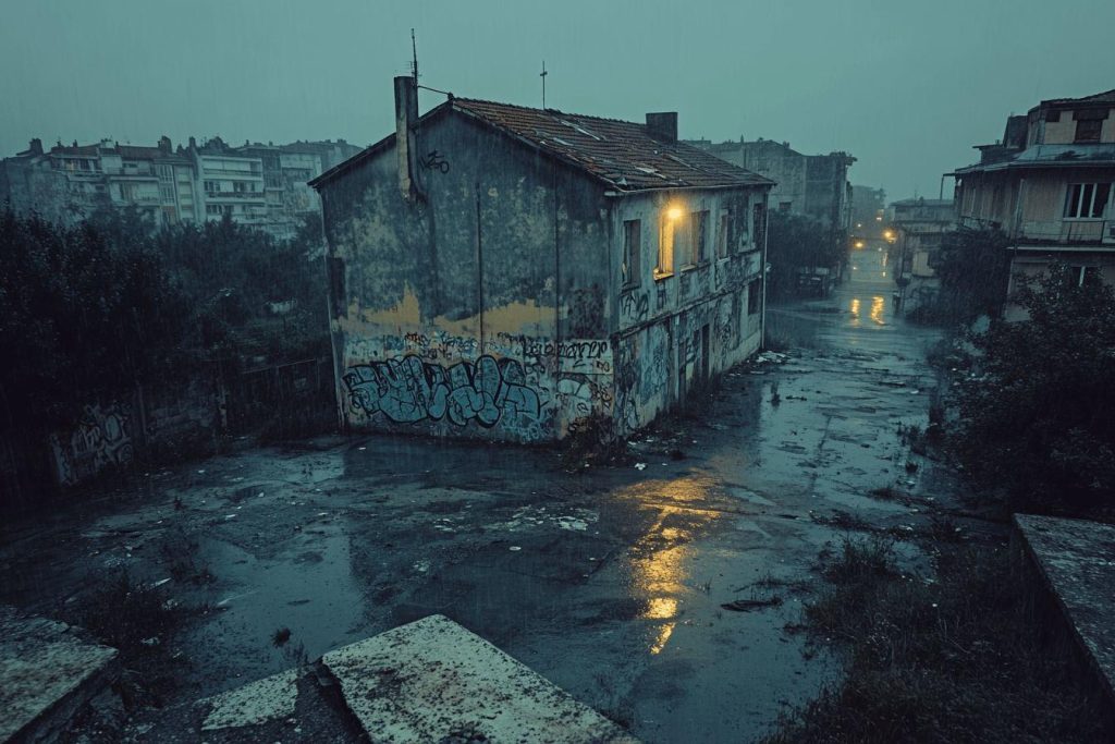 Bâtiment tagué abandonné dans une rue mouillée grise