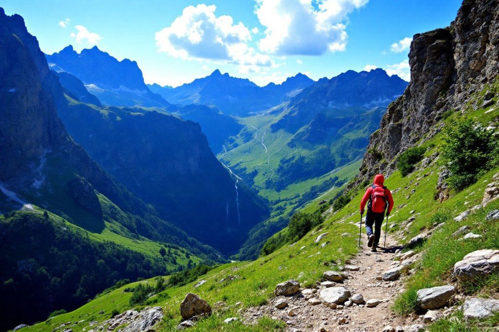 Randonneur en rouge sur sentier avec montagnes escarpées