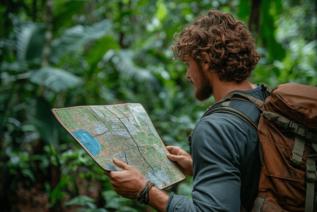 Homme avec sac à dos lisant une carte en forêt
