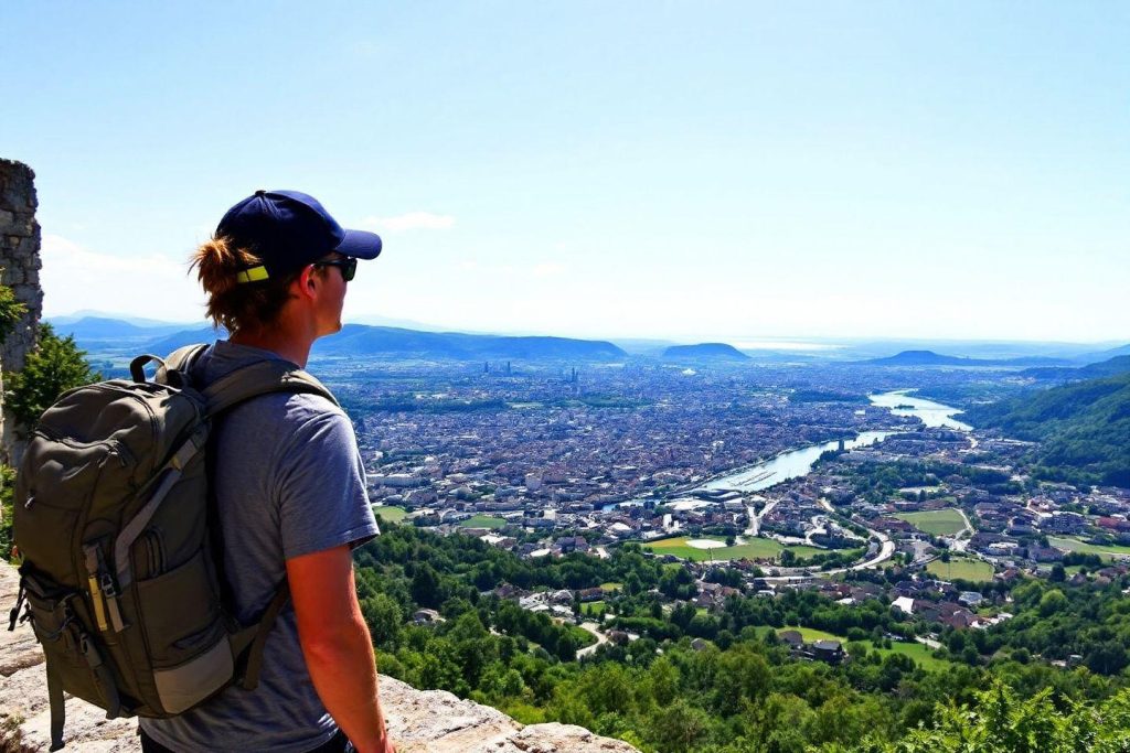Vue panoramique d'une ville depuis une montagne avec un randonneur