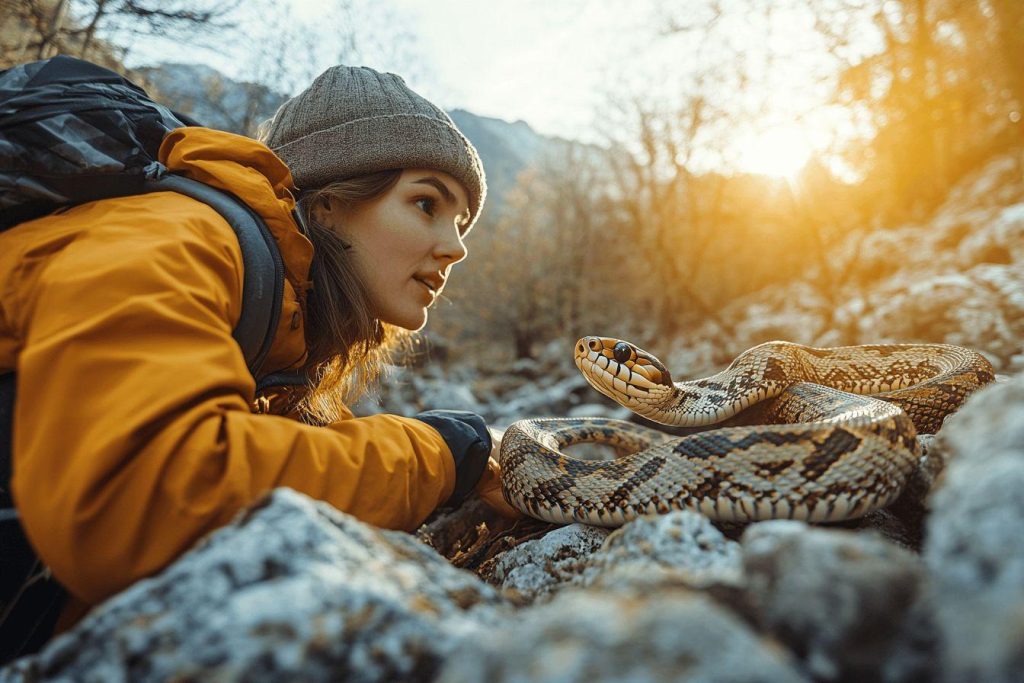 Femme en jaune observant un serpent sur des rochers