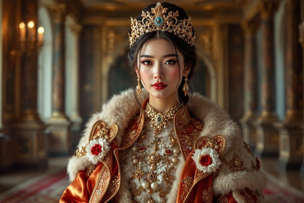 Femme asiatique en tenue royale avec couronne et fourrure