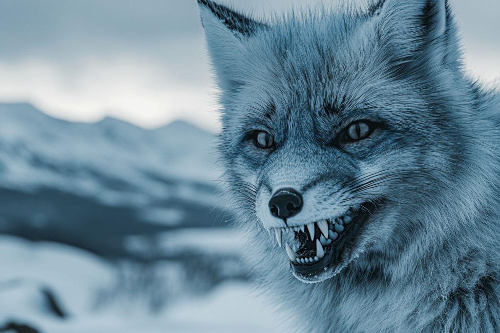 Renard blanc montrant les dents dans un paysage enneigé
